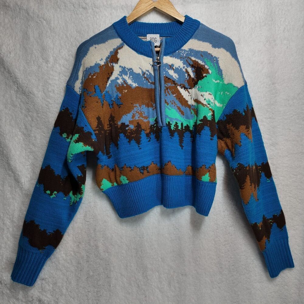 BDG Mountain Landscape Knit Sweater S Half Zip Cropped Cozy Retro Outdoors